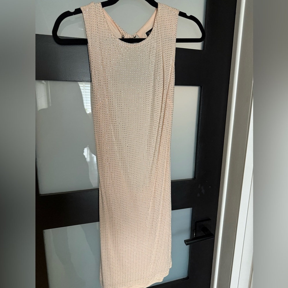 BEBE Cream Sleeveless Dress with rhinestone embellishments